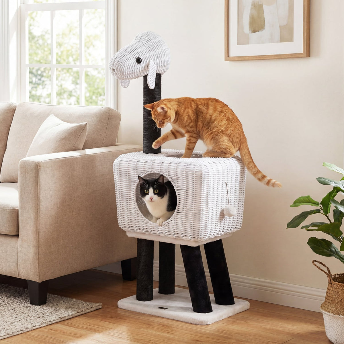 43-Inch Lamb-Shaped Cat Tower with 2-Door Rattan Condo for Indoor Kittens-White view 2