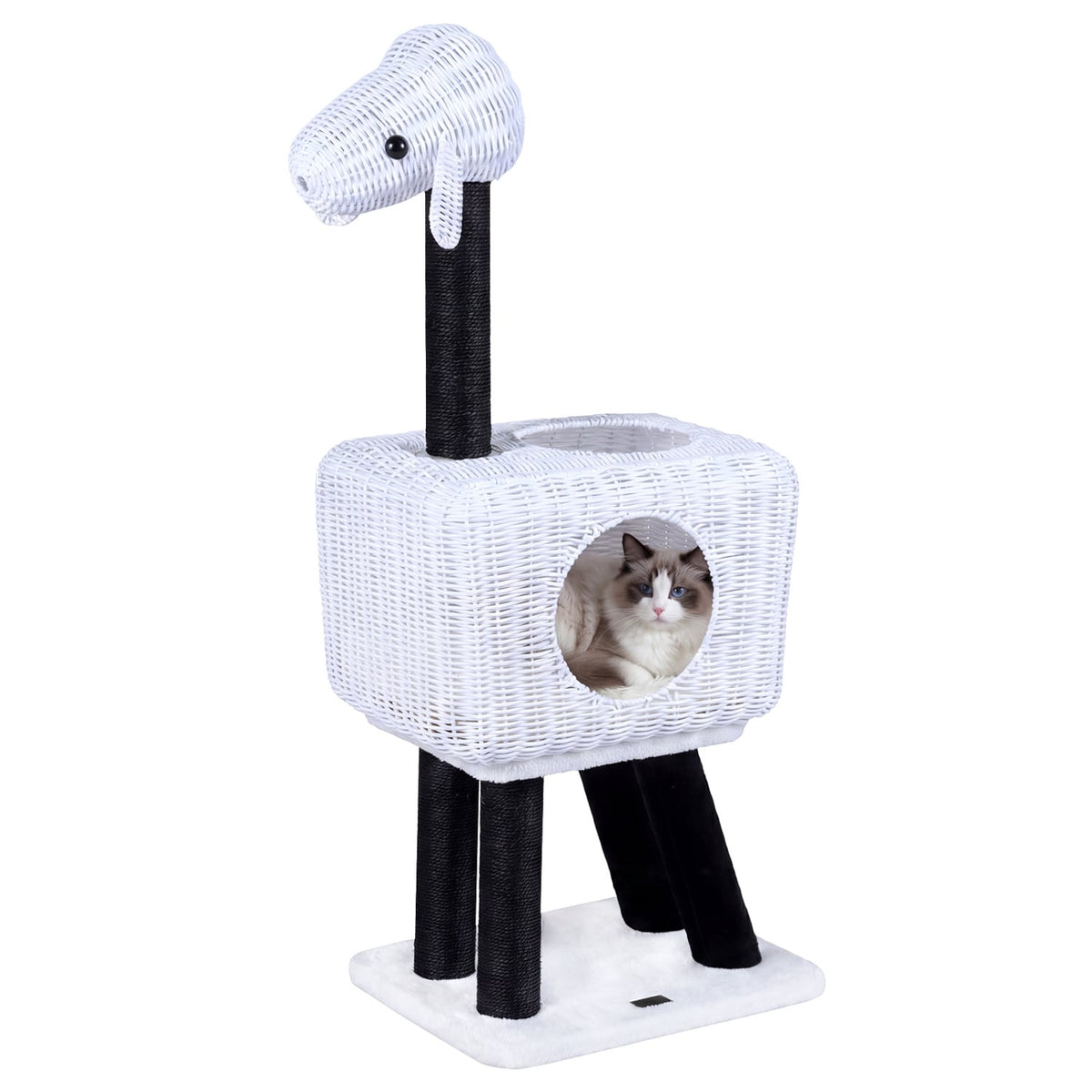 43-Inch Lamb-Shaped Cat Tower with 2-Door Rattan Condo for Indoor Kittens-White