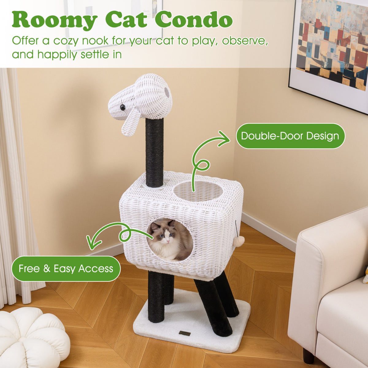 43-Inch Lamb-Shaped Cat Tower with 2-Door Rattan Condo for Indoor Kittens-White view 5