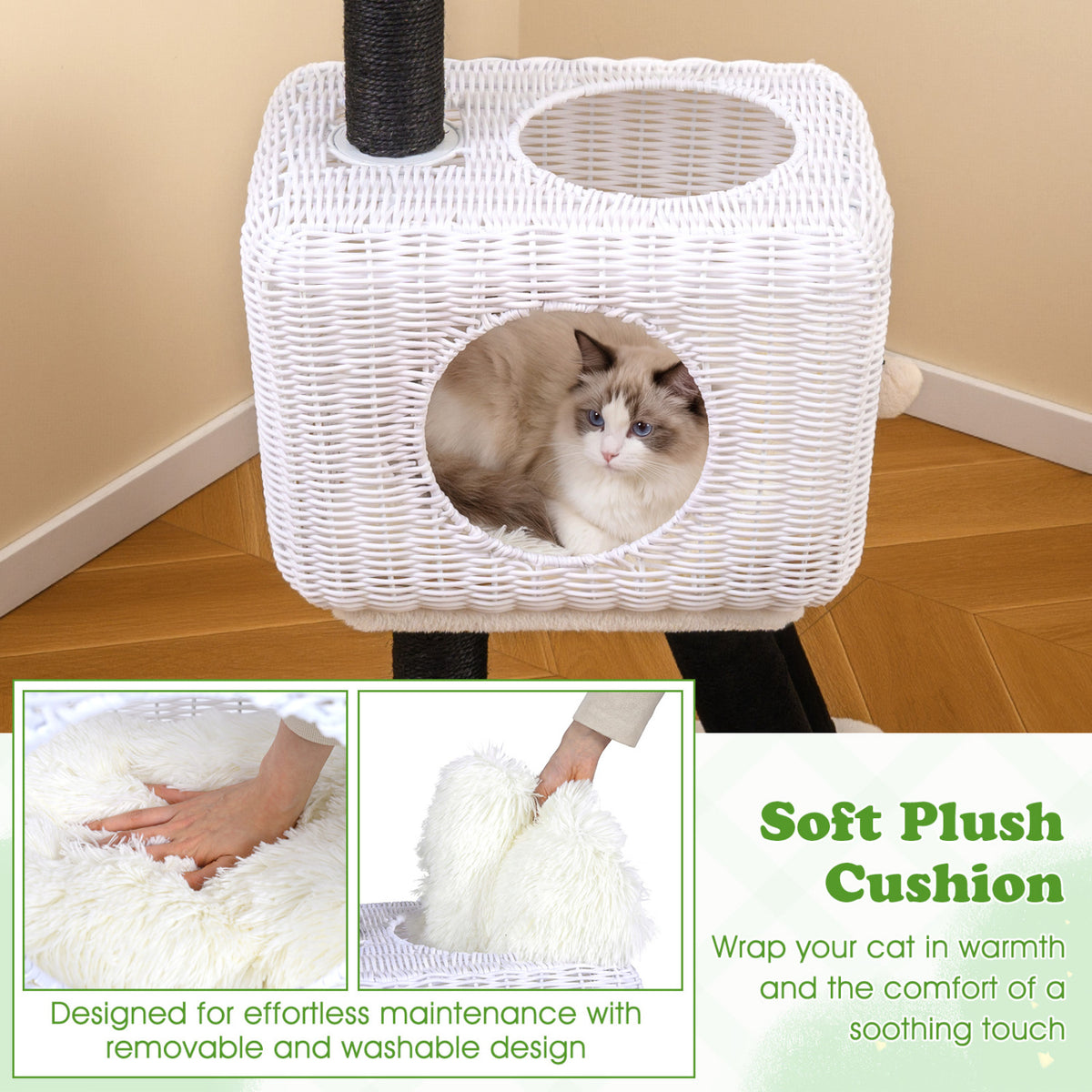 43-Inch Lamb-Shaped Cat Tower with 2-Door Rattan Condo for Indoor Kittens-White view 6