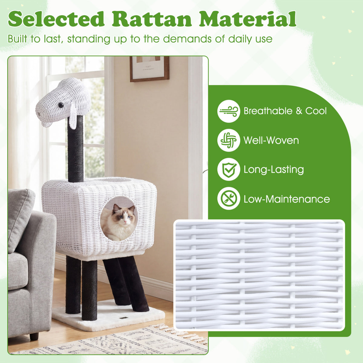 43-Inch Lamb-Shaped Cat Tower with 2-Door Rattan Condo for Indoor Kittens-White view 7