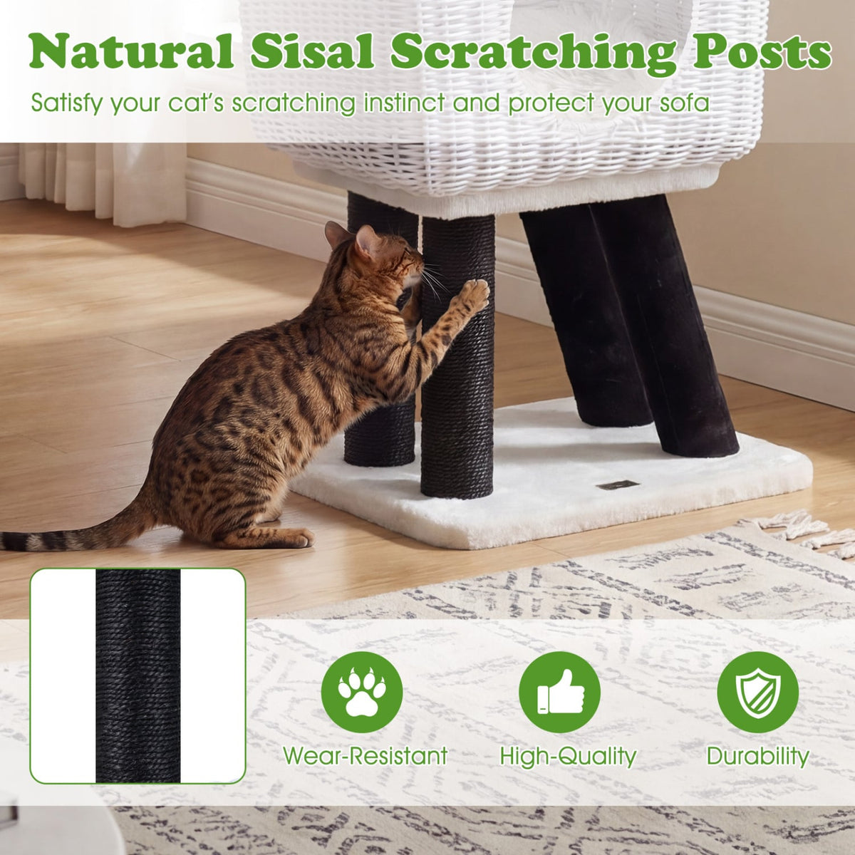 43-Inch Lamb-Shaped Cat Tower with 2-Door Rattan Condo for Indoor Kittens-White view 8