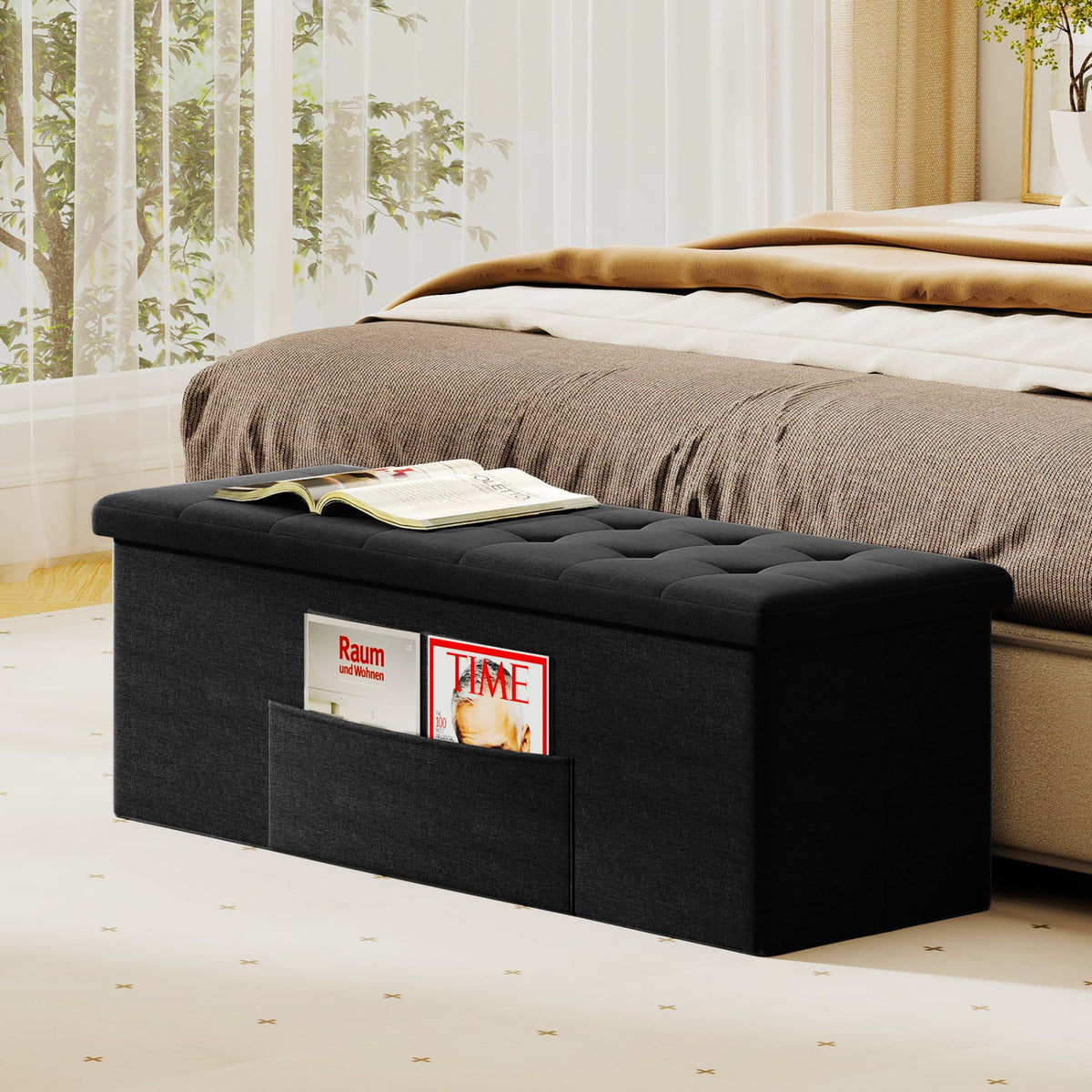 43 Inches Folding Storage Ottoman Bench with Padded Seat-Black view 3