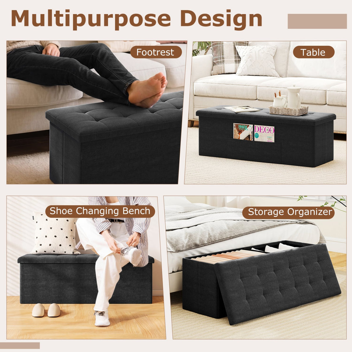 43 Inches Folding Storage Ottoman Bench with Padded Seat-Black view 7