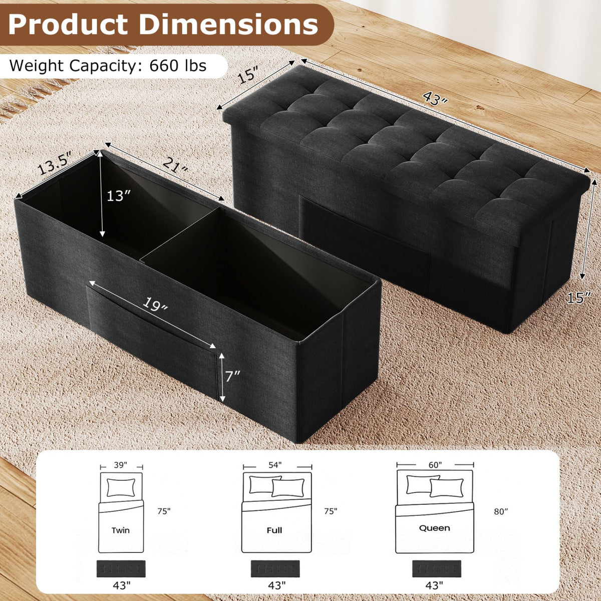 43 Inches Folding Storage Ottoman Bench with Padded Seat-Black view 5
