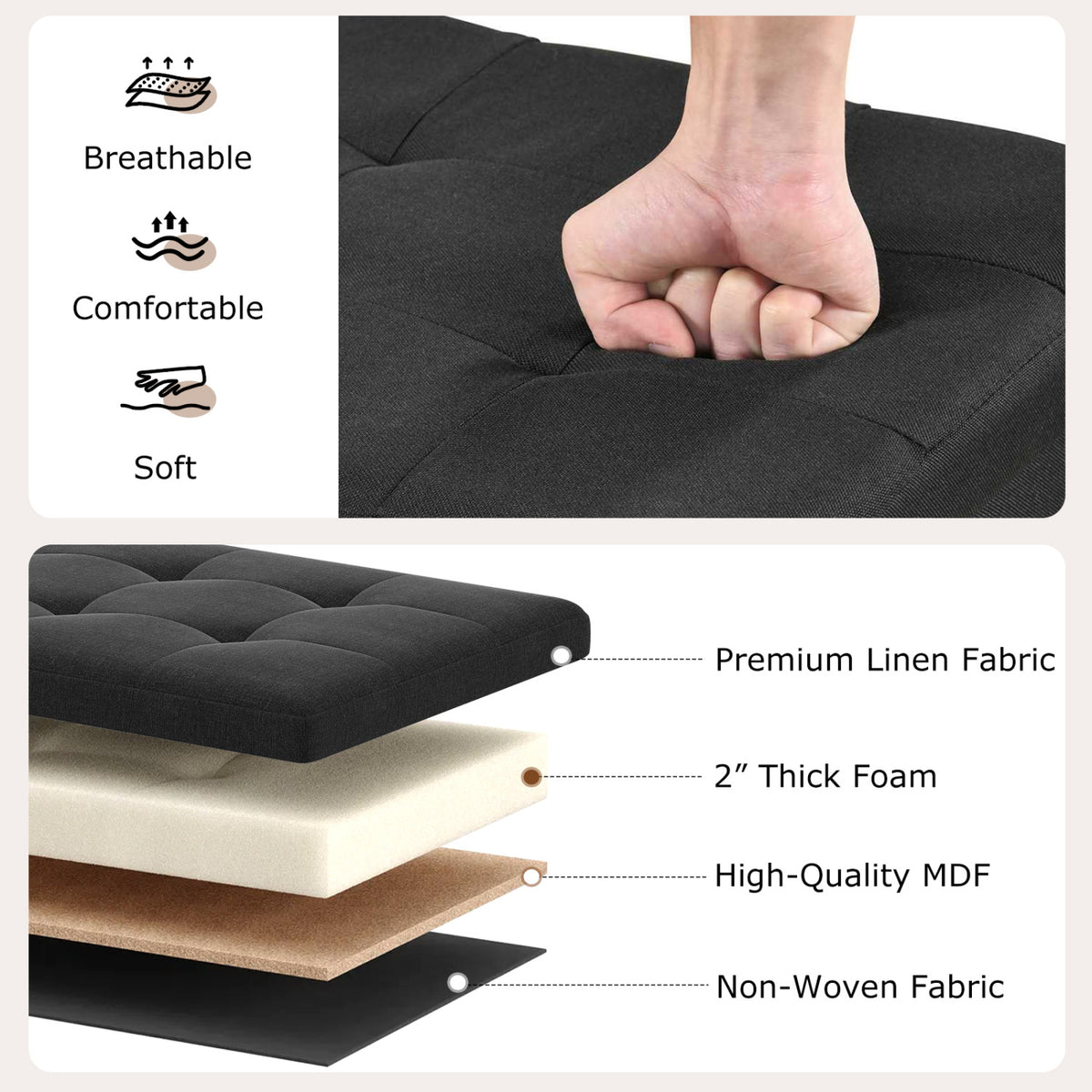 43 Inches Folding Storage Ottoman Bench with Padded Seat-Black view 9