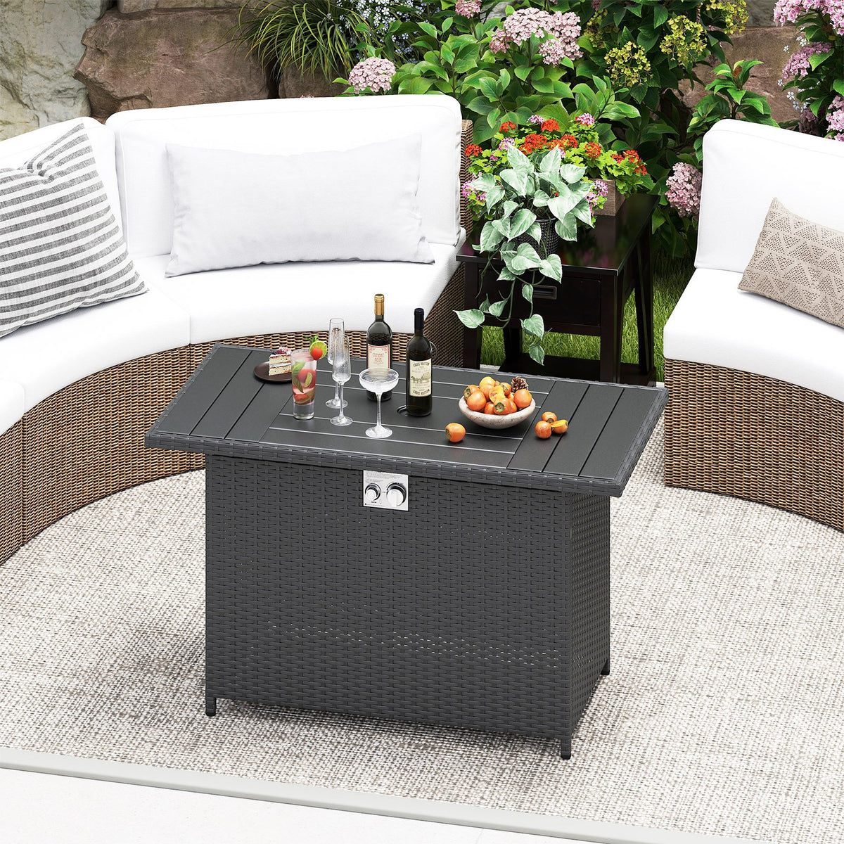 44.5 Inch Propane Fire Pit Table Rattan Gas 2-in-1 with Stainless Steel Burner-Black view 3