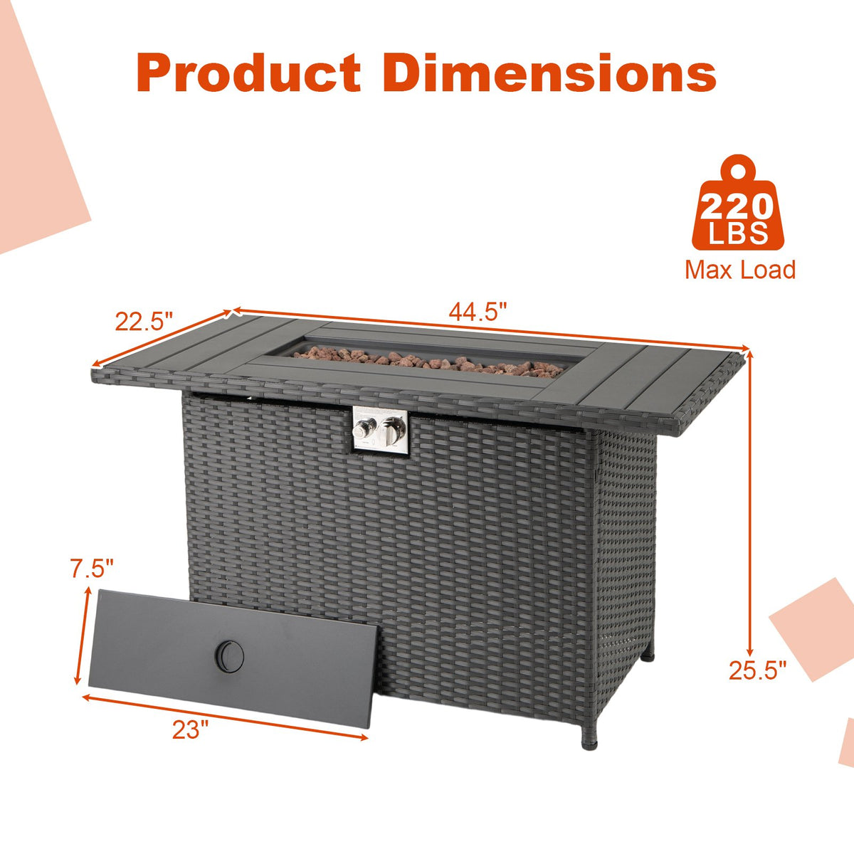 44.5 Inch Propane Fire Pit Table Rattan Gas 2-in-1 with Stainless Steel Burner-Black view 5