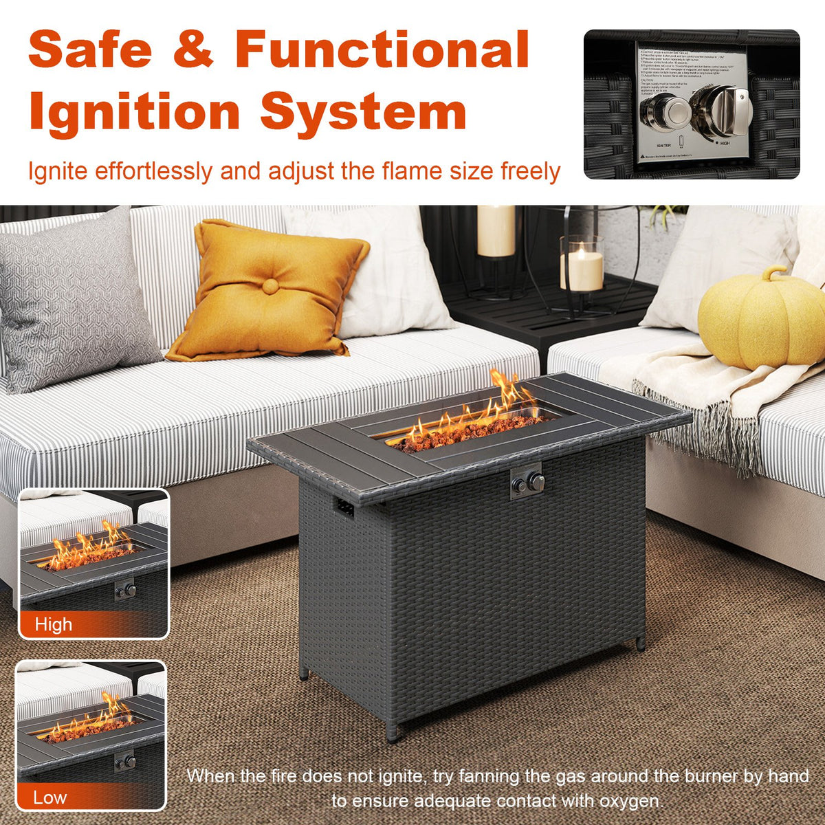 44.5 Inch Propane Fire Pit Table Rattan Gas 2-in-1 with Stainless Steel Burner-Black view 6