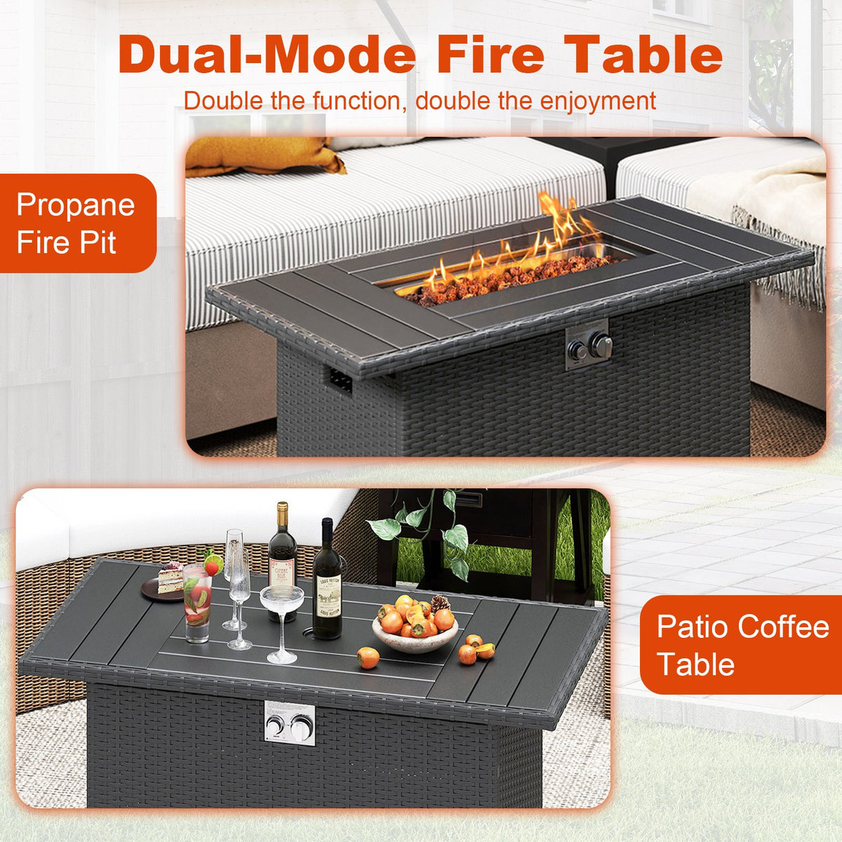 44.5 Inch Propane Fire Pit Table Rattan Gas 2-in-1 with Stainless Steel Burner-Black view 7
