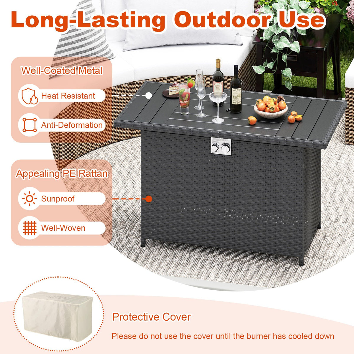 44.5 Inch Propane Fire Pit Table Rattan Gas 2-in-1 with Stainless Steel Burner-Black view 8