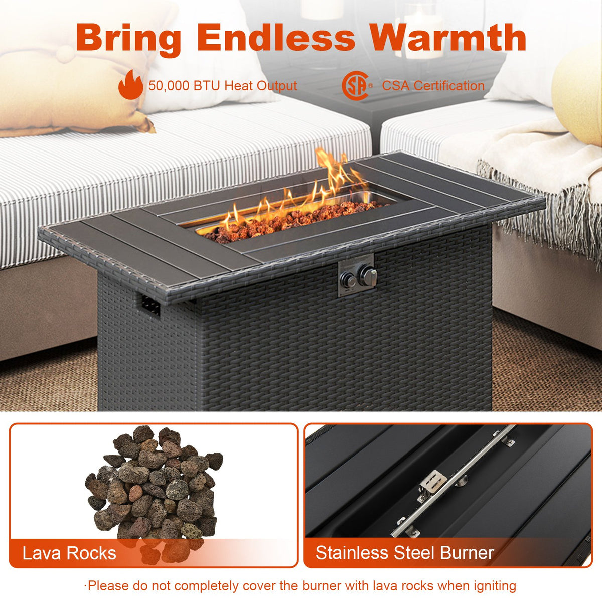 44.5 Inch Propane Fire Pit Table Rattan Gas 2-in-1 with Stainless Steel Burner-Black view 9