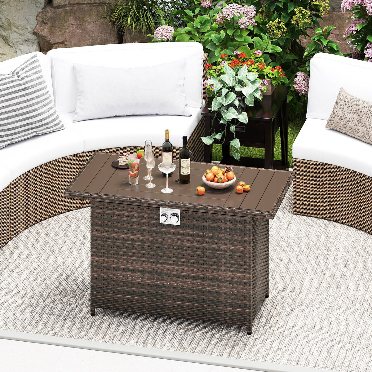 44.5 Inch Propane Fire Pit Table Rattan Gas 2-in-1 with Stainless Steel Burner-Brown view 3