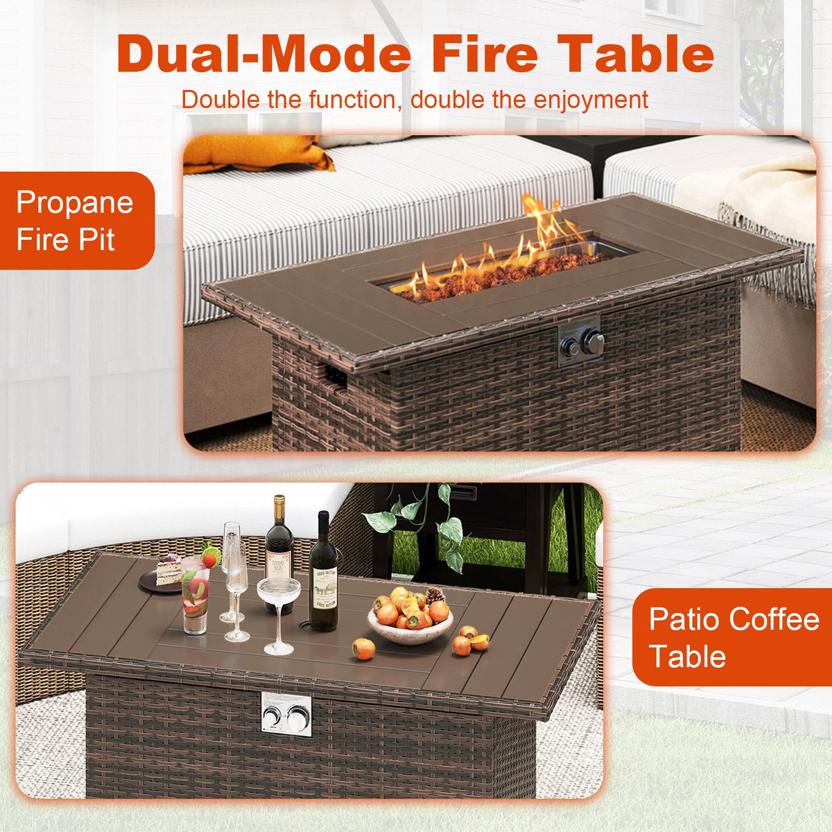 44.5 Inch Propane Fire Pit Table Rattan Gas 2-in-1 with Stainless Steel Burner-Brown view 7