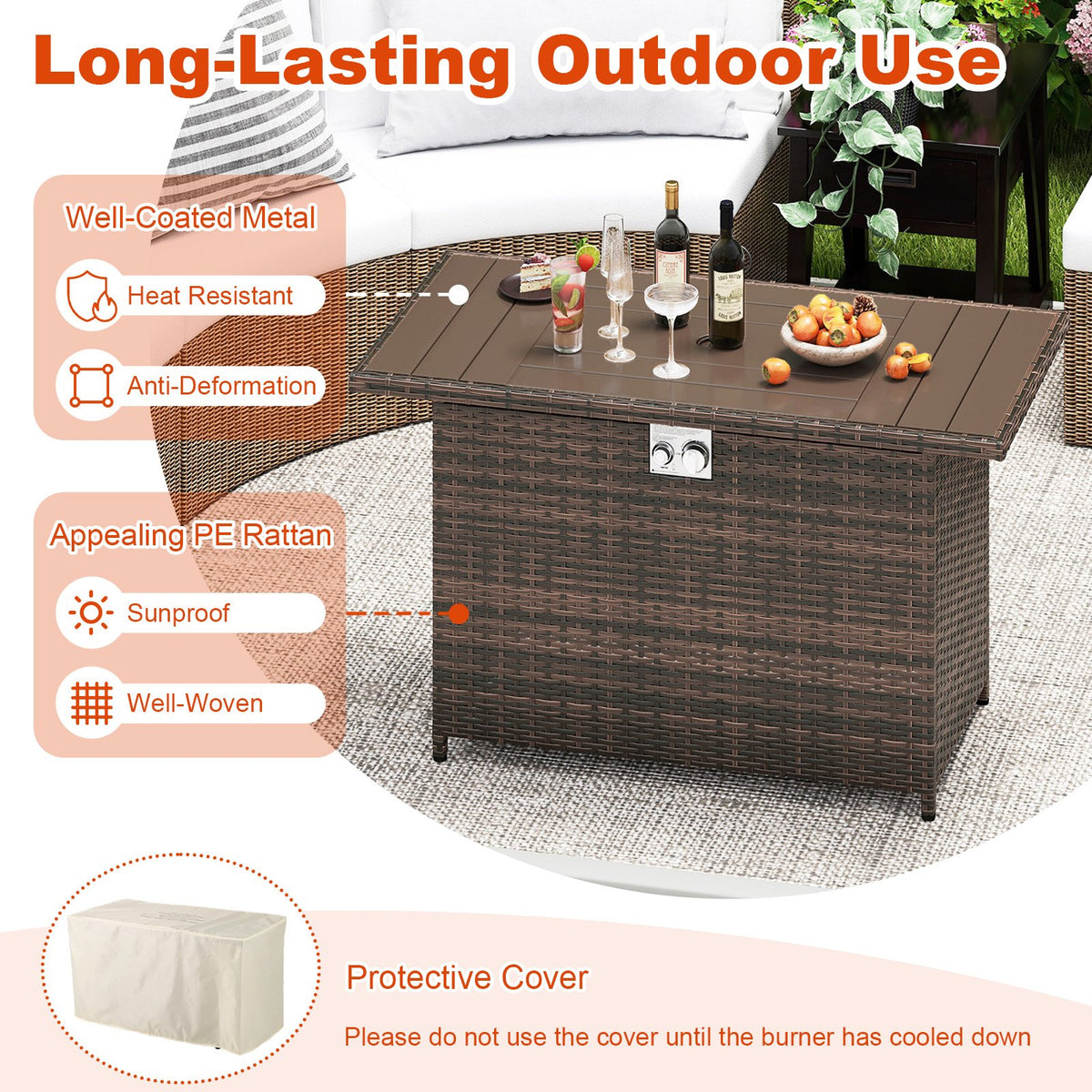 44.5 Inch Propane Fire Pit Table Rattan Gas 2-in-1 with Stainless Steel Burner-Brown view 8