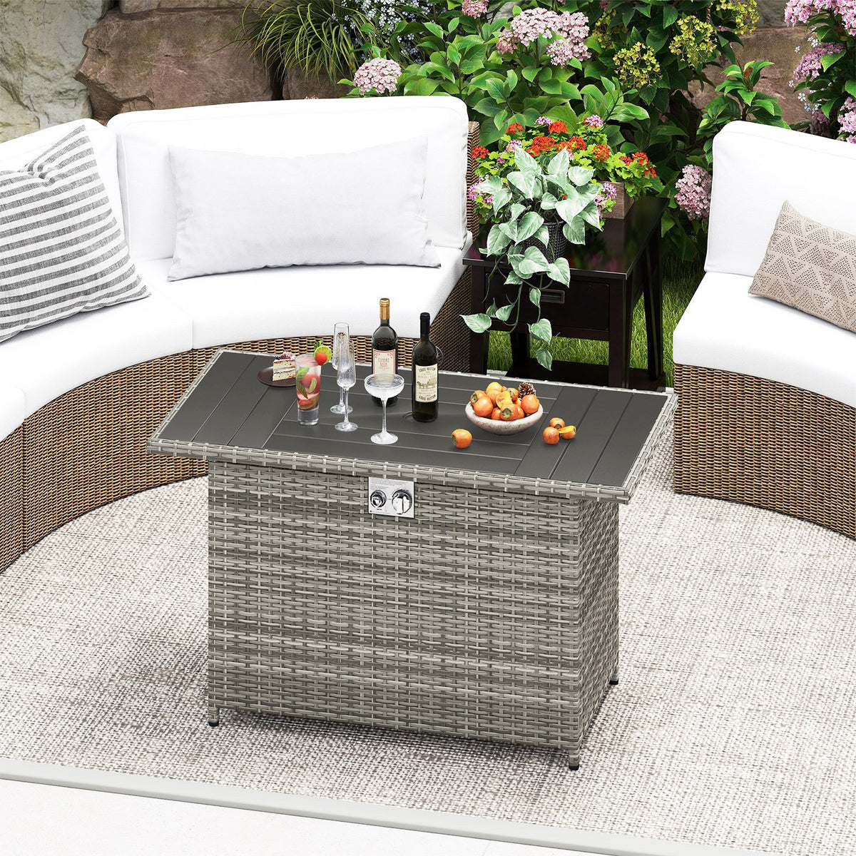 44.5 Inch Propane Fire Pit Table Rattan Gas 2-in-1 with Stainless Steel Burner-Gray view 3
