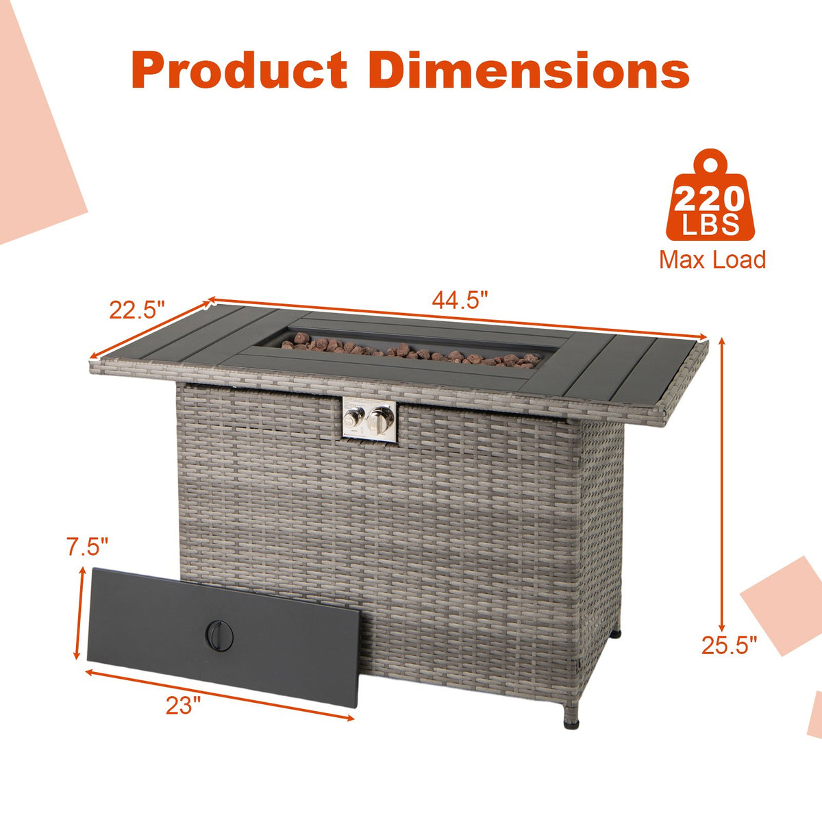 44.5 Inch Propane Fire Pit Table Rattan Gas 2-in-1 with Stainless Steel Burner-Gray view 5