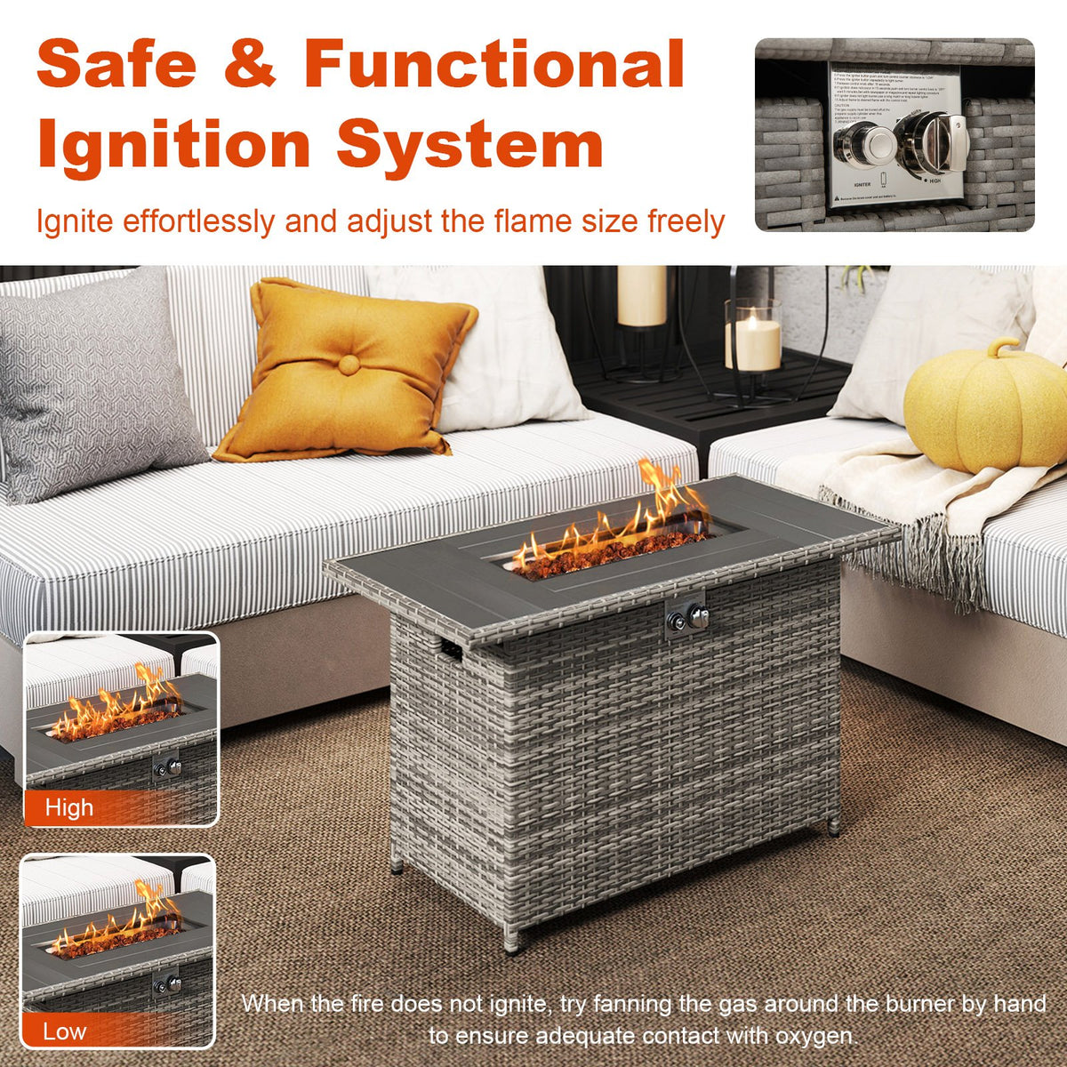 44.5 Inch Propane Fire Pit Table Rattan Gas 2-in-1 with Stainless Steel Burner-Gray view 6