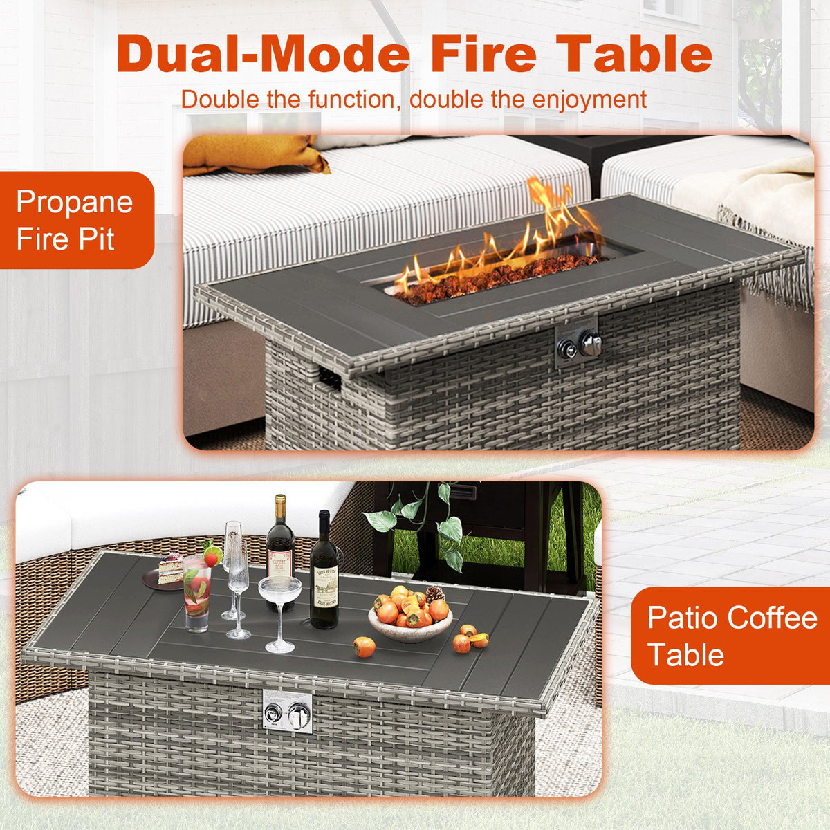 44.5 Inch Propane Fire Pit Table Rattan Gas 2-in-1 with Stainless Steel Burner-Gray view 7