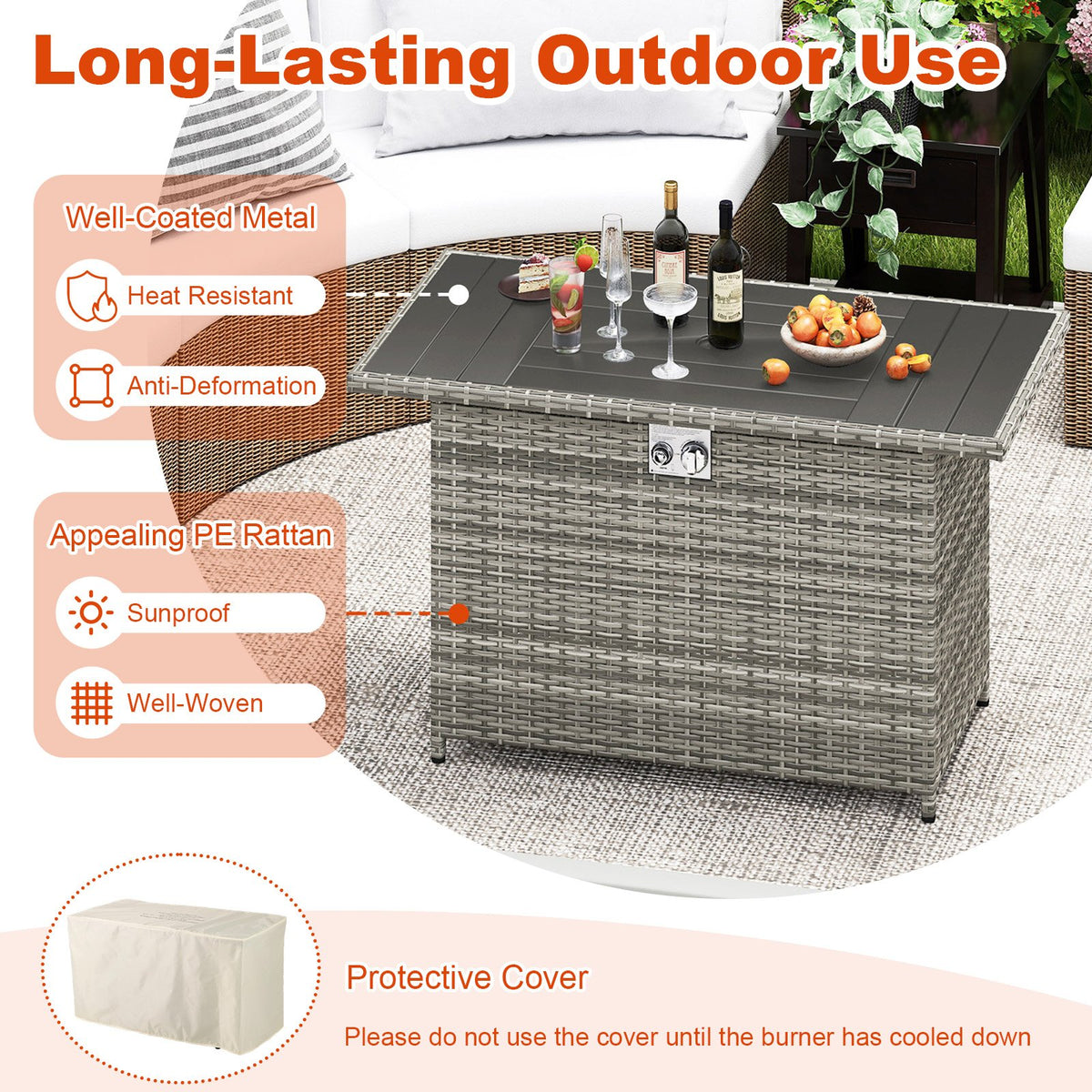 44.5 Inch Propane Fire Pit Table Rattan Gas 2-in-1 with Stainless Steel Burner-Gray view 8