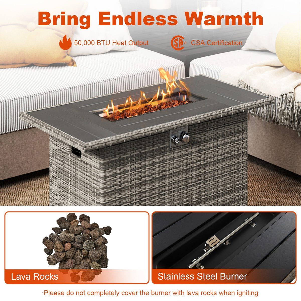 44.5 Inch Propane Fire Pit Table Rattan Gas 2-in-1 with Stainless Steel Burner-Gray view 9