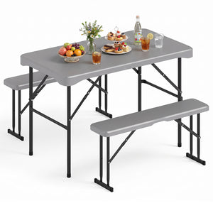 44 inches HDPE Folding Picnic Table Set with 2 Benches-Gray