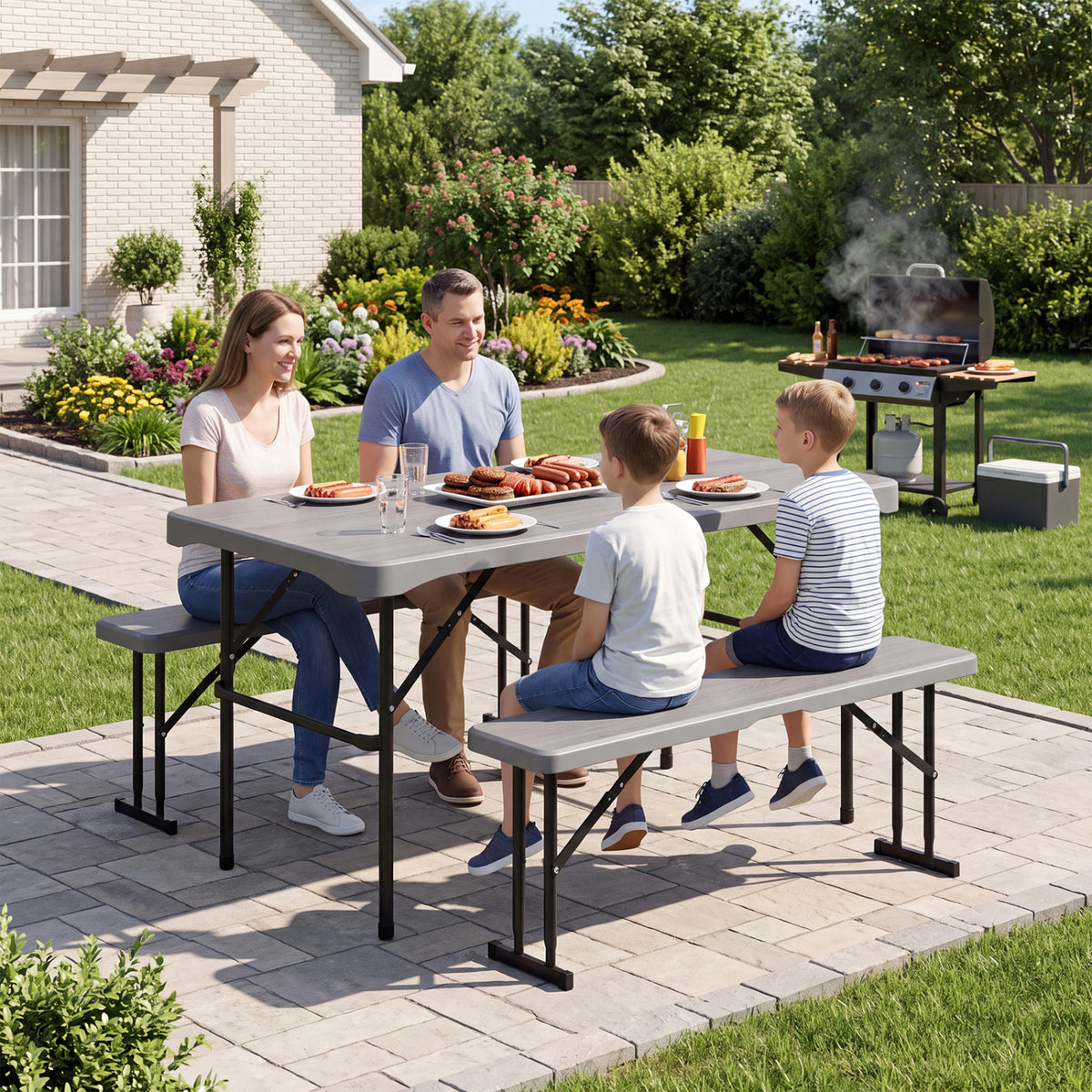 44 inches HDPE Folding Picnic Table Set with 2 Benches-Gray view 3