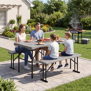 44 inches HDPE Folding Picnic Table Set with 2 Benches-Gray view 3