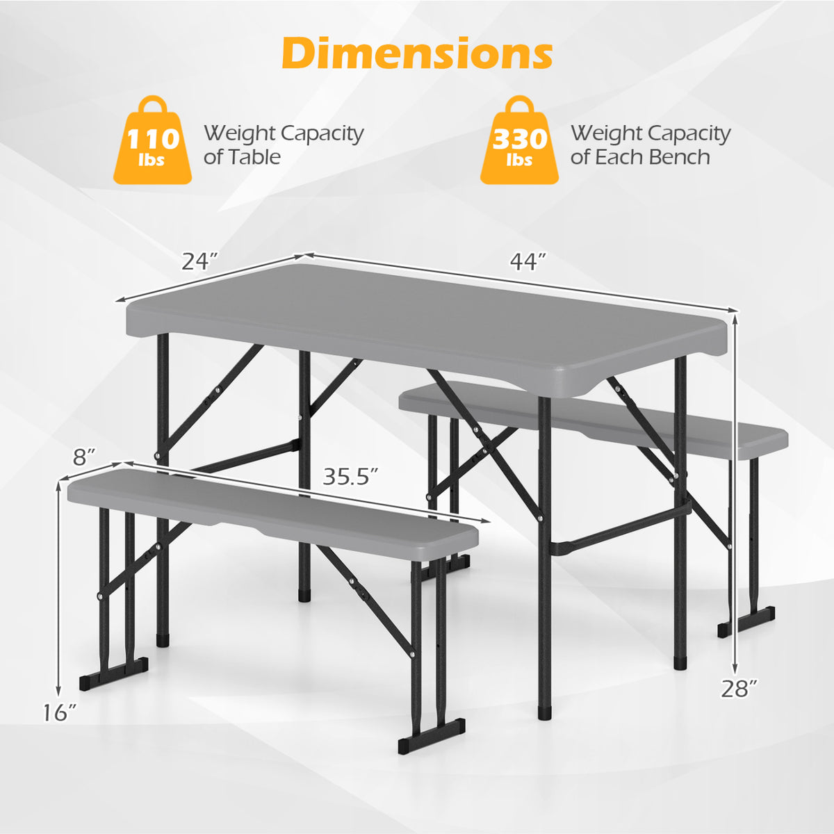 44 inches HDPE Folding Picnic Table Set with 2 Benches-Gray view 5