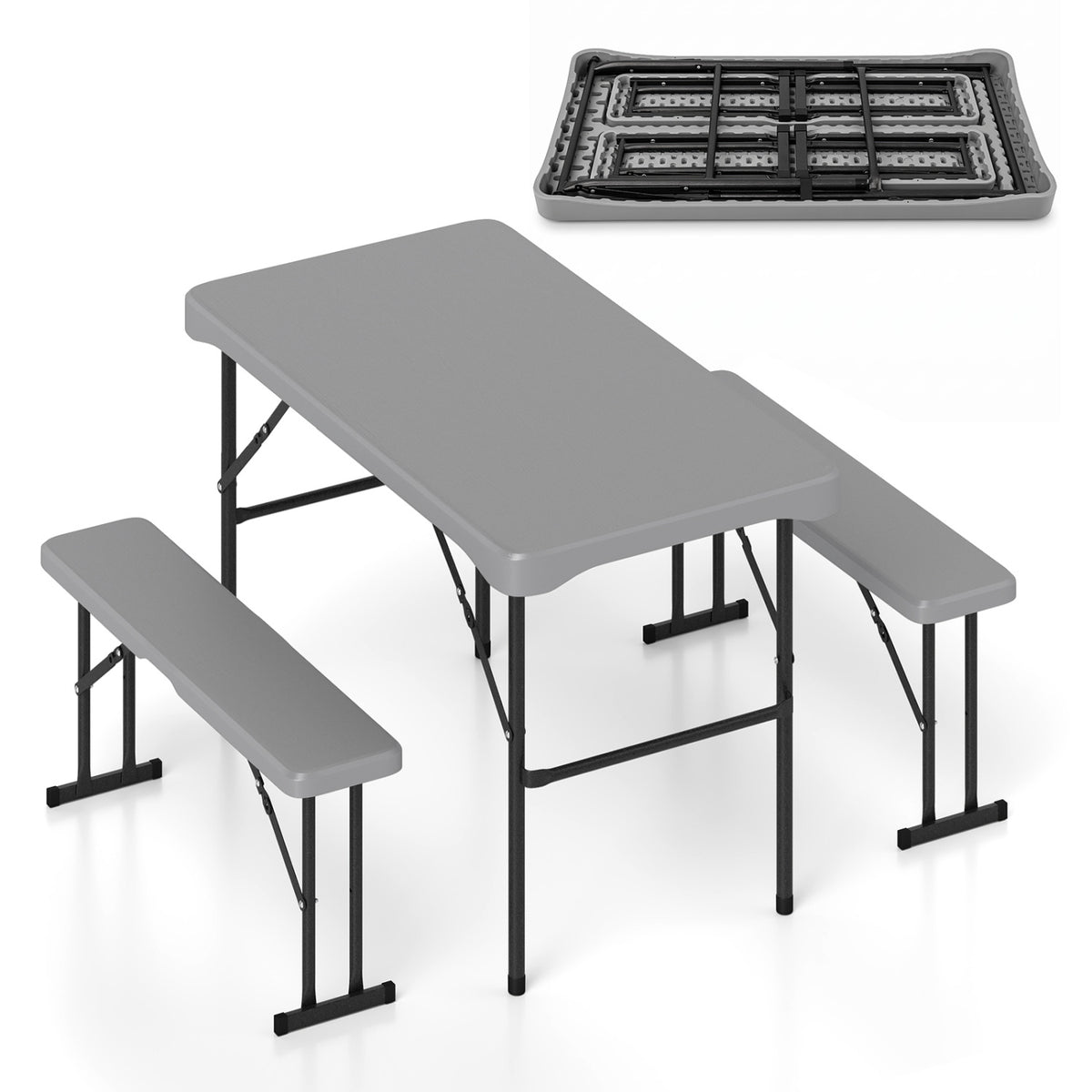 44 inches HDPE Folding Picnic Table Set with 2 Benches-Gray view 6