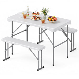 44 inches HDPE Folding Picnic Table Set with 2 Benches-White