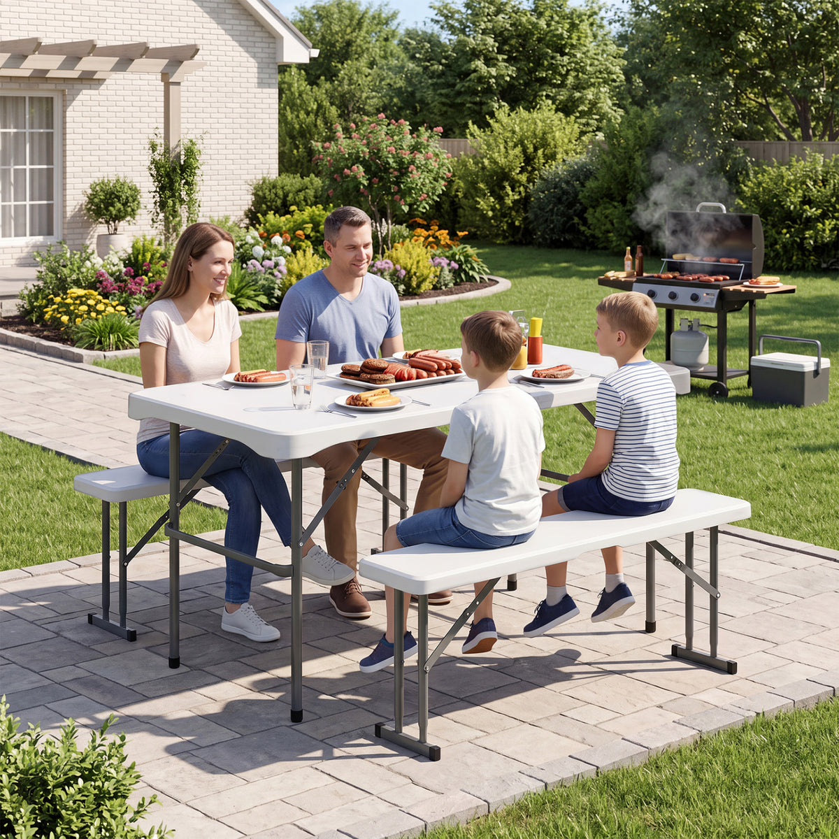 44 inches HDPE Folding Picnic Table Set with 2 Benches-White view 3
