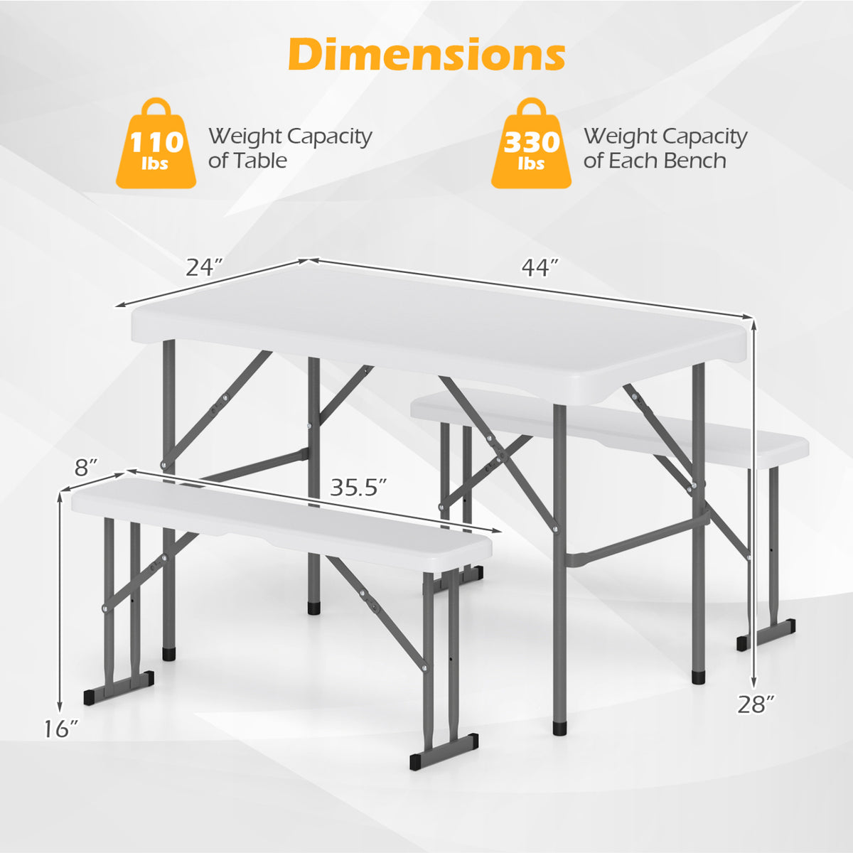 44 inches HDPE Folding Picnic Table Set with 2 Benches-White view 5
