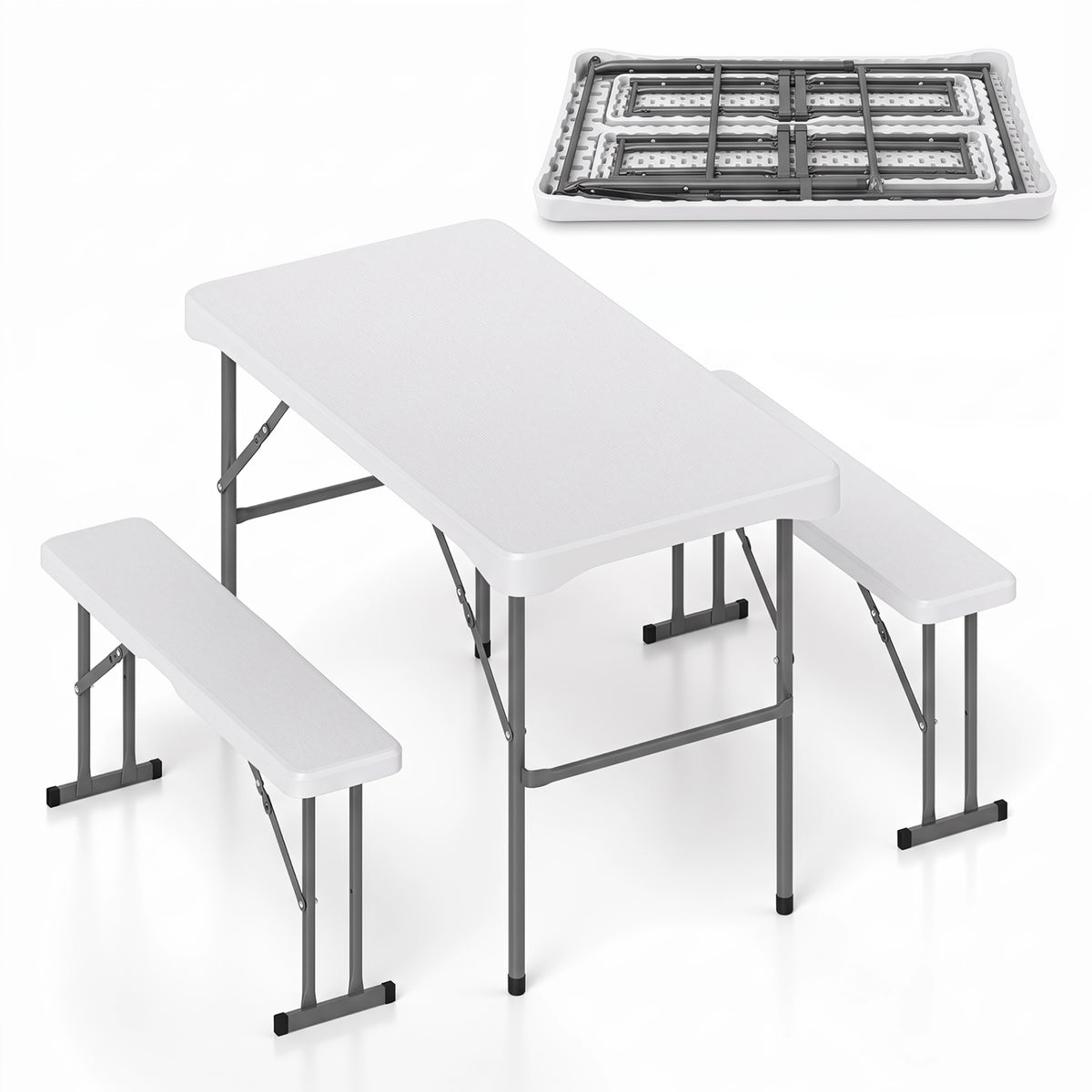 44 inches HDPE Folding Picnic Table Set with 2 Benches-White view 6