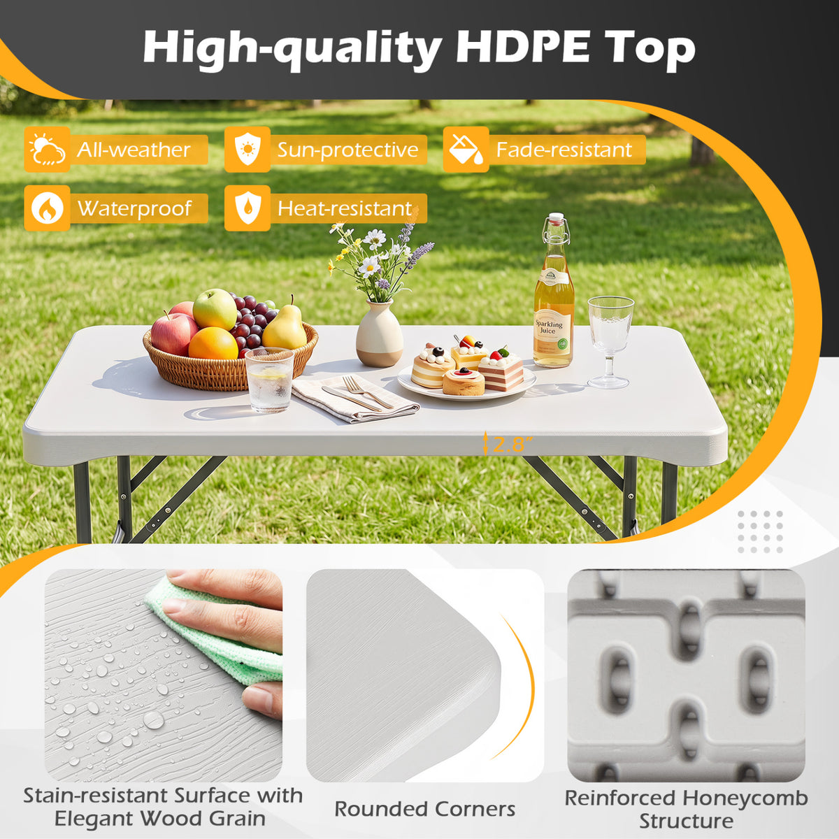 44 inches HDPE Folding Picnic Table Set with 2 Benches-White view 8