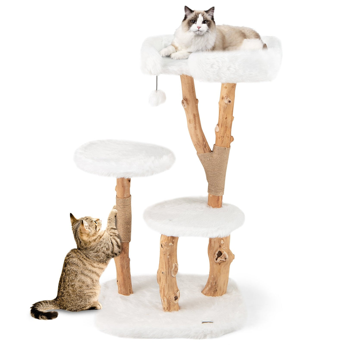 44 Inch Solid Wood Cat Tree with Perch and Natural Jute Scratching Posts-White view 4