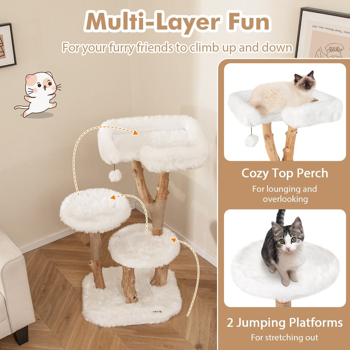 44 Inch Solid Wood Cat Tree with Perch and Natural Jute Scratching Posts-White view 8