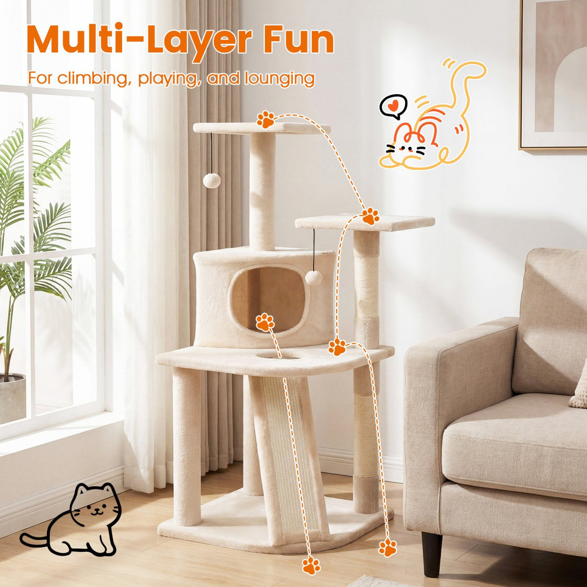 44 Inch Tall Kitten Tower with Condo and 2 Plush Perches-Beige view 6