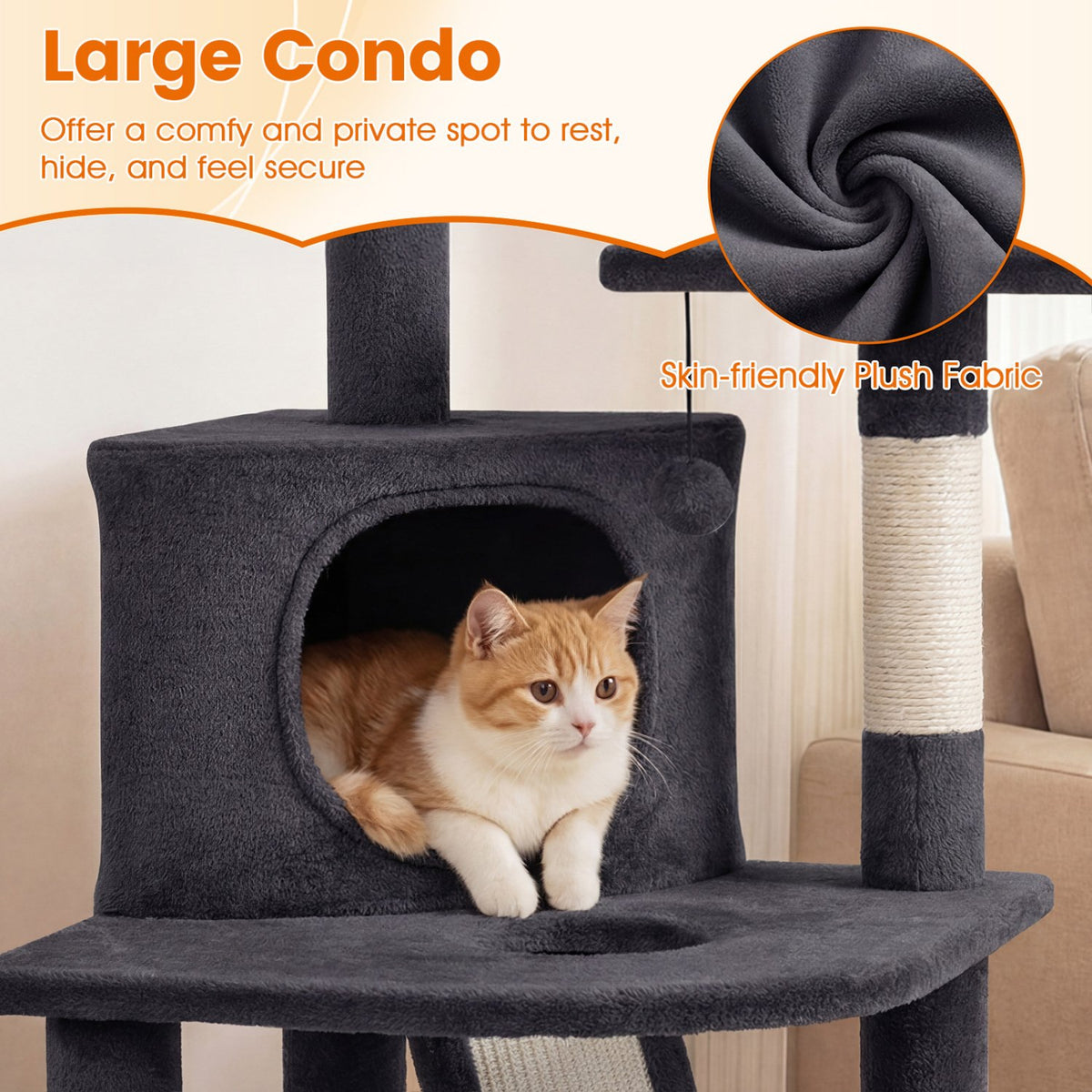 44 Inch Tall Kitten Tower with Condo and 2 Plush Perches-Dark Gray view 8