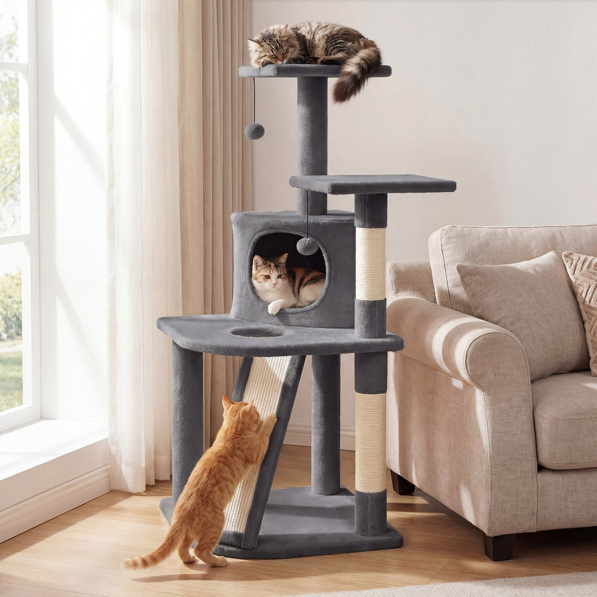 44 Inch Tall Kitten Tower with Condo and 2 Plush Perches-Light Gray view 3