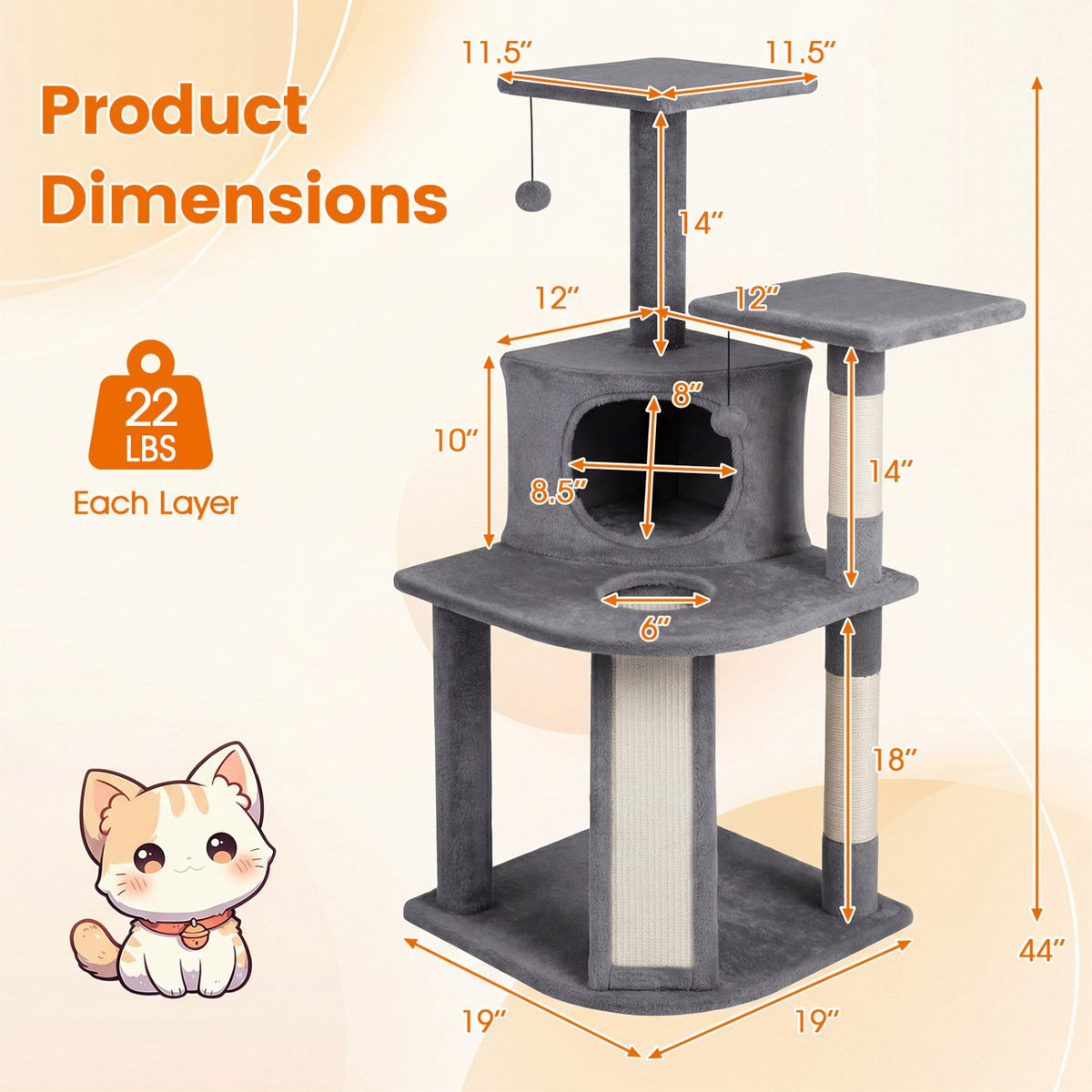 44 Inch Tall Kitten Tower with Condo and 2 Plush Perches-Light Gray view 5