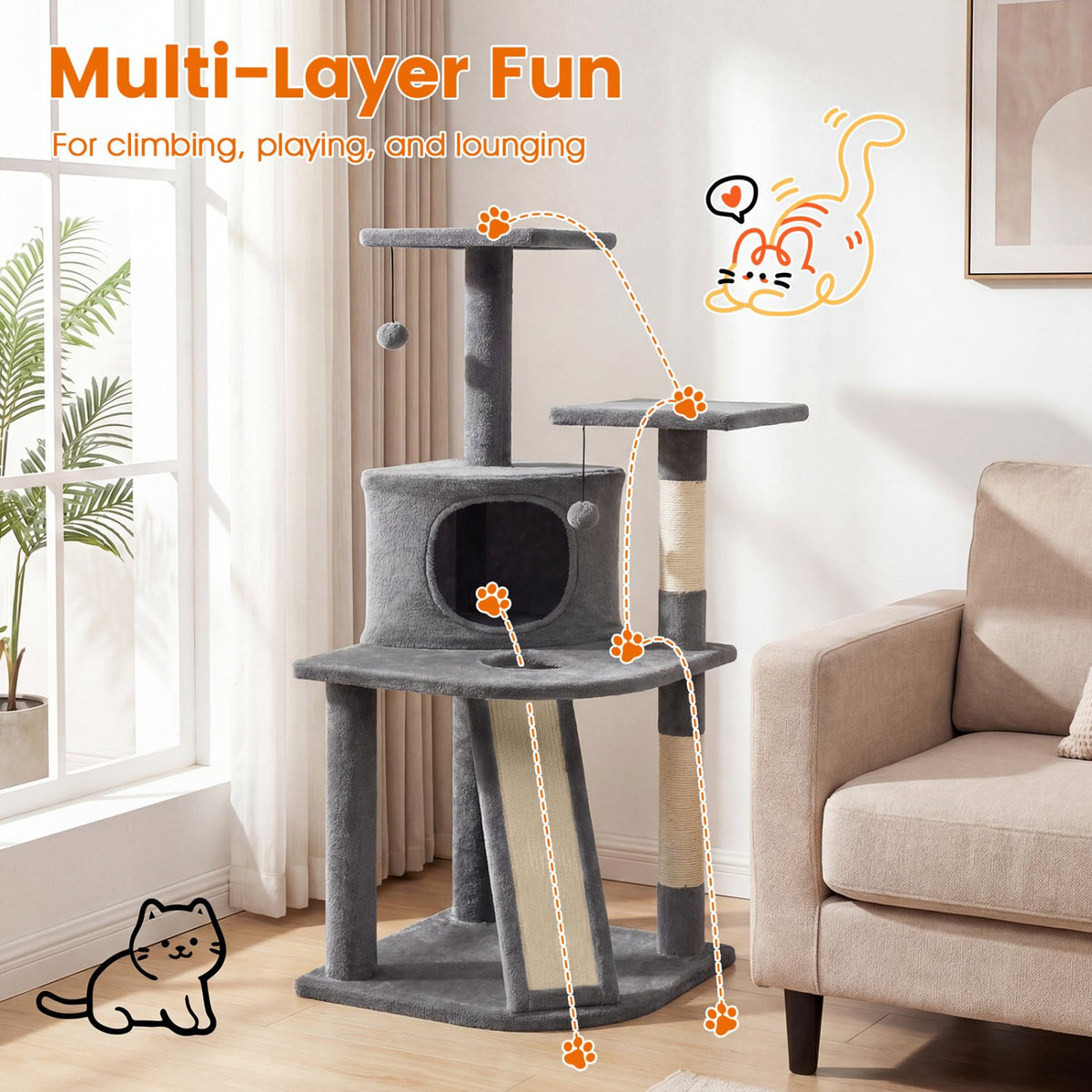 44 Inch Tall Kitten Tower with Condo and 2 Plush Perches-Light Gray view 6