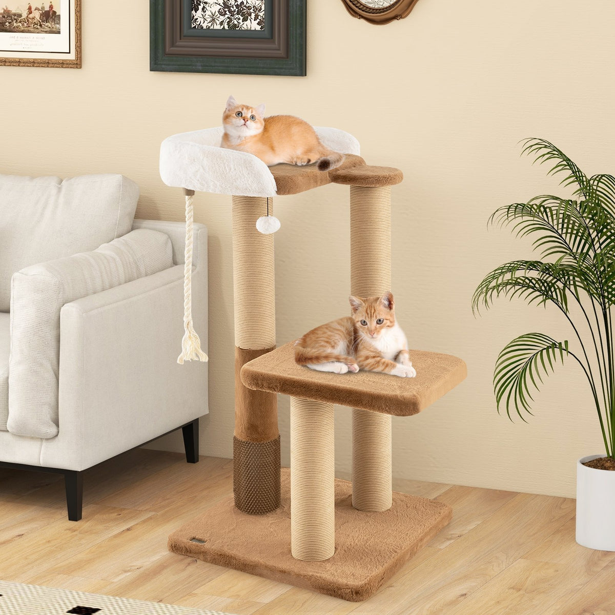 44 Inches Modern Cat Tree for Indoor Cats with Plush Padded Perch and Dangling Ball-Coffee view 3