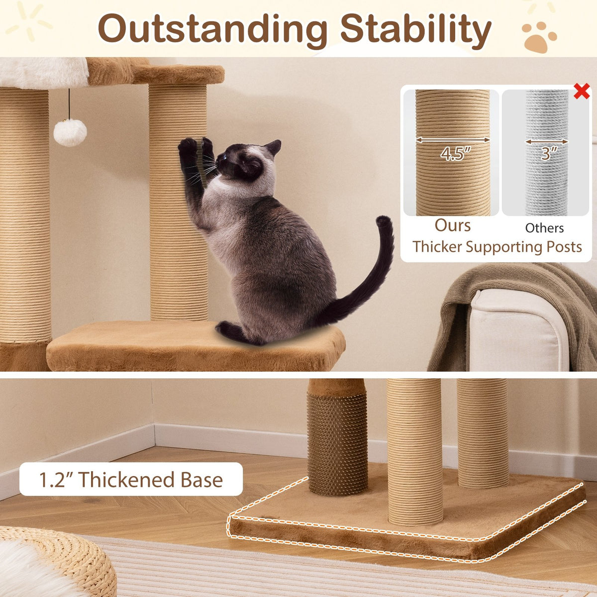 44 Inches Modern Cat Tree for Indoor Cats with Plush Padded Perch and Dangling Ball-Coffee view 6