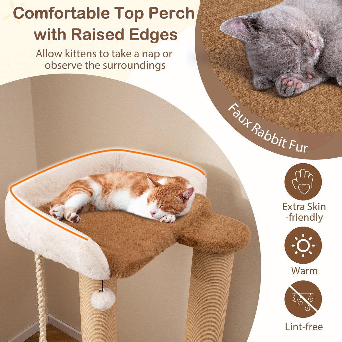44 Inches Modern Cat Tree for Indoor Cats with Plush Padded Perch and Dangling Ball-Coffee view 7