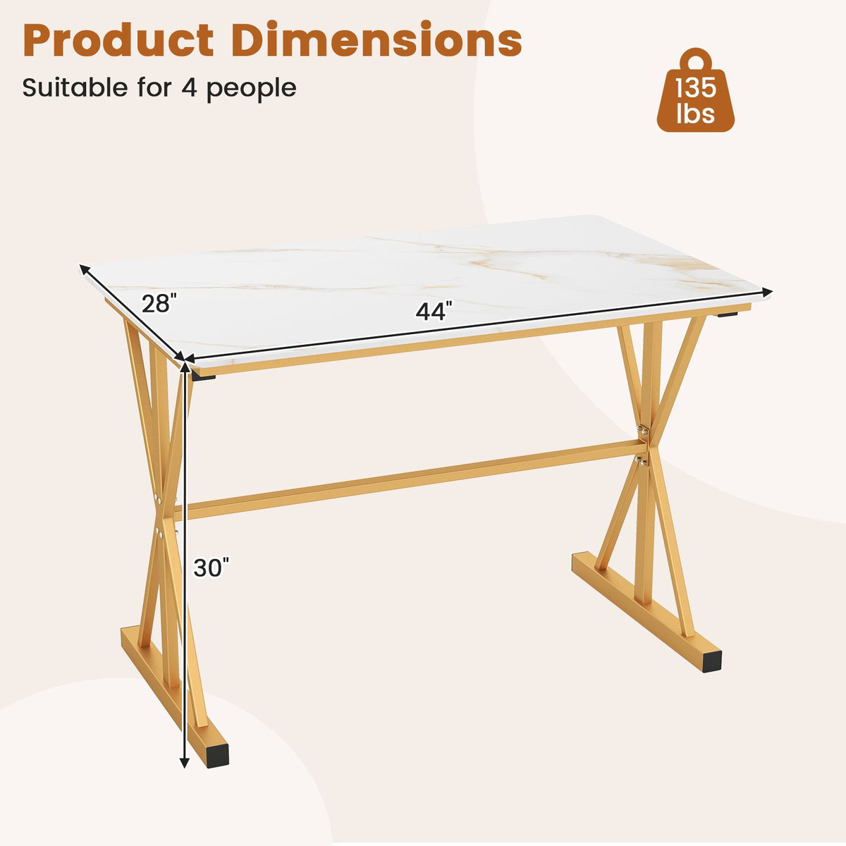 44 Inches Sintered Stone Dining Table with Metal Frame and Faux Marble Tabletop-White view 5