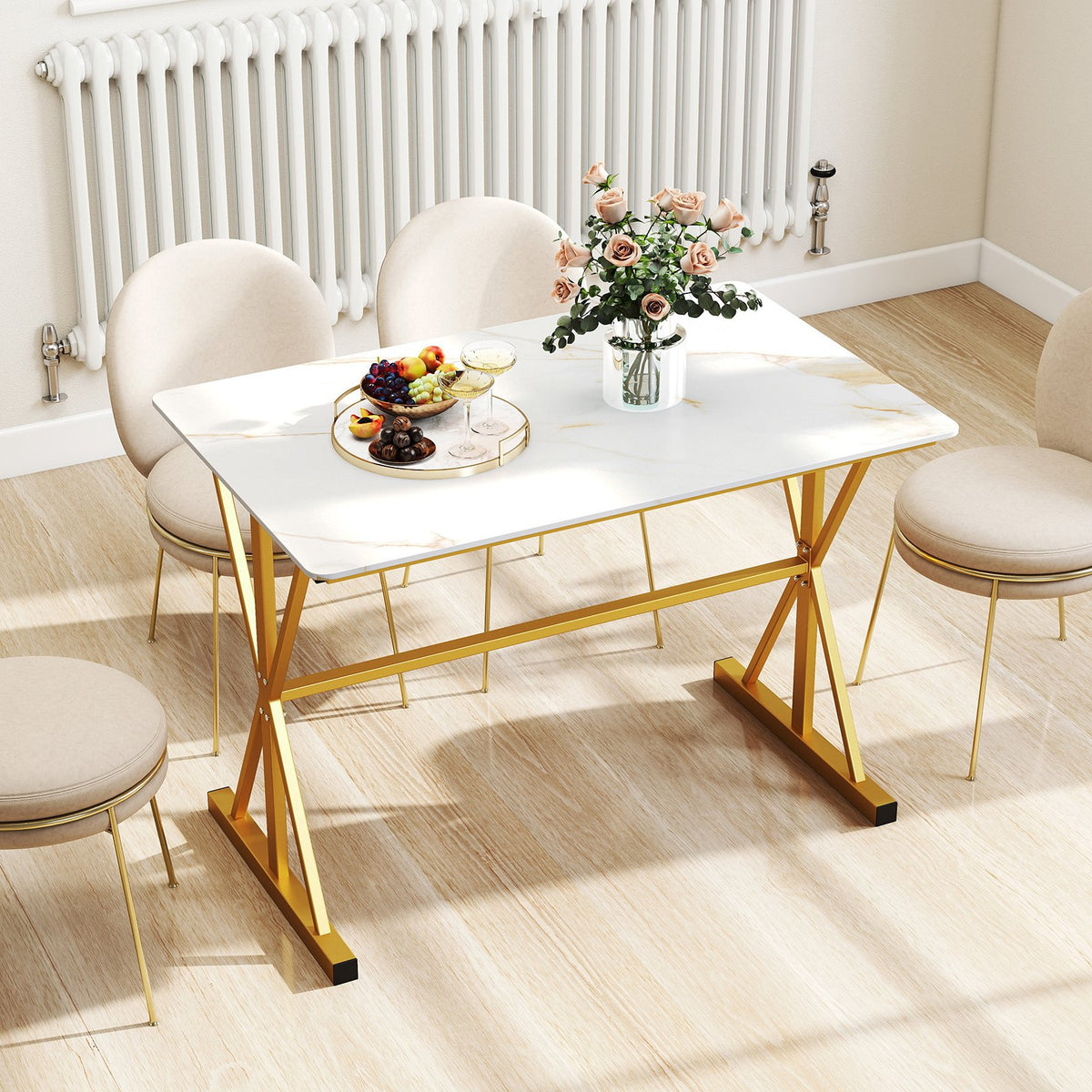 44 Inches Sintered Stone Dining Table with Metal Frame and Faux Marble Tabletop-White view 9