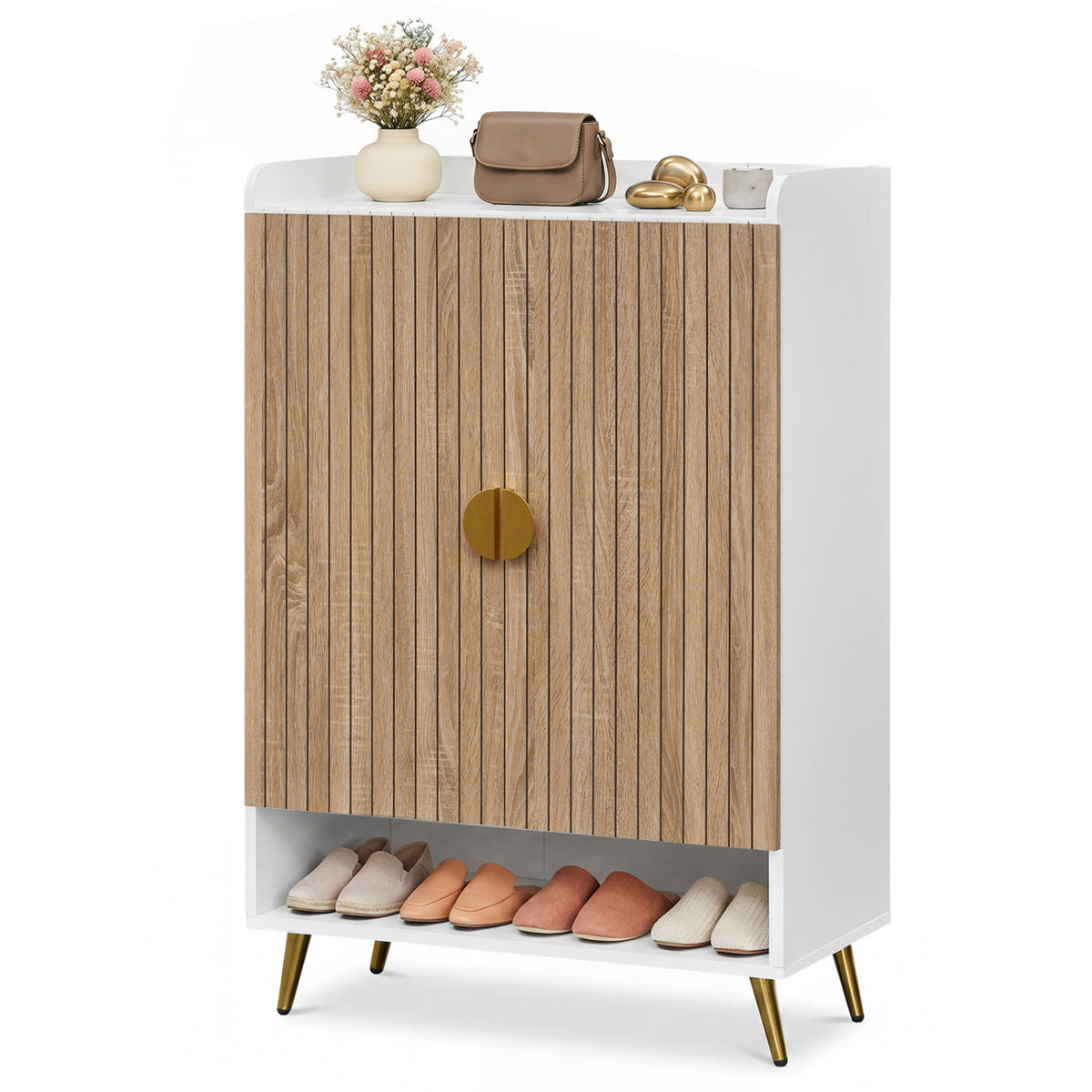 44 inches Tall Shoe Storage Cabinet with 7-Tier Doors and Adjustable Shelves for Entryway-Natural