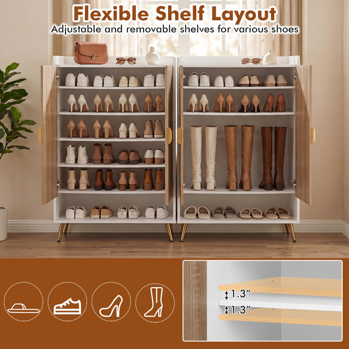44 inches Tall Shoe Storage Cabinet with 7-Tier Doors and Adjustable Shelves for Entryway-Natural view 6