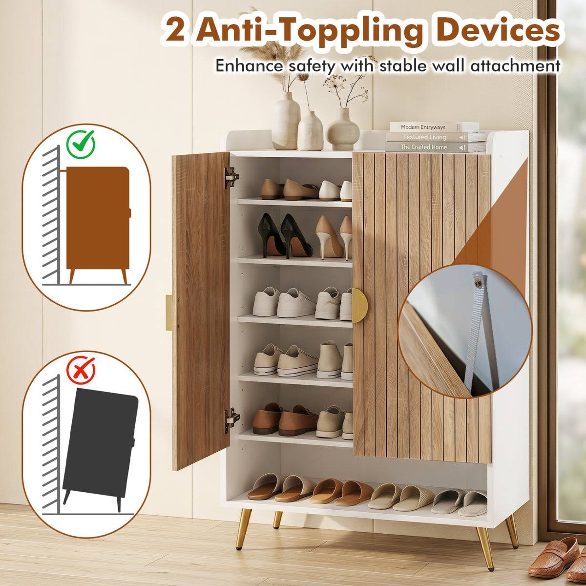 44 inches Tall Shoe Storage Cabinet with 7-Tier Doors and Adjustable Shelves for Entryway-Natural view 8